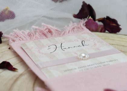 Boho Glam - Place card and menu - closeup - mounted with ribbon and pearl stud